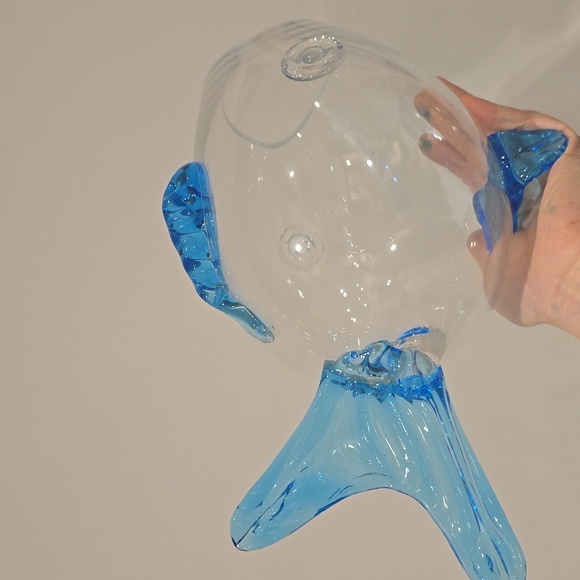 Mid Century Modern Handblown Turquoise Blue & Clear Art Glass Fish Bowl Vase - Picture 4 of 4